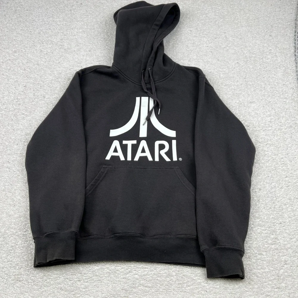 H&M LOGG Atari Hoodie Mens Medium Black Retro Gaming Graphic Pullover Sweatshirt - Picture 1 of 8
